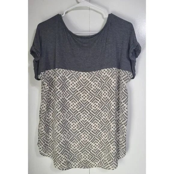KNOX ROSE Women's SZ LG Short Sleeve Geometric Print Blouse Cream Gray - Picture 2 of 9